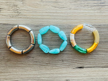 Load image into Gallery viewer, Mint Cabana Statement bracelet, chunky bold bamboo bracelet, gold colorful beaded jewelry, chunky geometric green champagne tan white