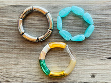 Load image into Gallery viewer, Mint Cabana Statement bracelet, chunky bold bamboo bracelet, gold colorful beaded jewelry, chunky geometric green champagne tan white