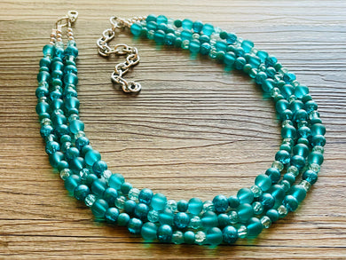 Teal 3 Layer Statement Necklace, turquoise chunky necklace, statement bib necklace jewelry turquoise blue jewerly, glass beaded earrings