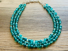 Load image into Gallery viewer, Teal 3 Layer Statement Necklace, turquoise chunky necklace, statement bib necklace jewelry turquoise blue jewerly, glass beaded earrings