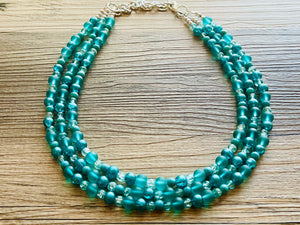 Teal 3 Layer Statement Necklace, turquoise chunky necklace, statement bib necklace jewelry turquoise blue jewerly, glass beaded earrings