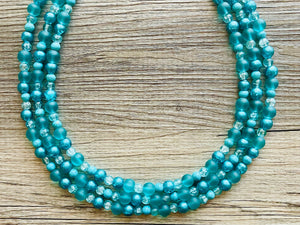 Teal 3 Layer Statement Necklace, turquoise chunky necklace, statement bib necklace jewelry turquoise blue jewerly, glass beaded earrings