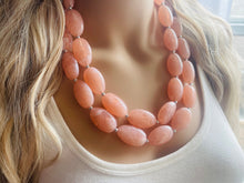 Load image into Gallery viewer, Peach Chunky Statement jewelry set, Big bib beaded jewelry, Double Strand Statement Necklace earrings, peach bridesmaid wedding coral