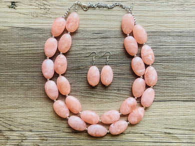 Peach Chunky Statement jewelry set, Big bib beaded jewelry, Double Strand Statement Necklace earrings, peach bridesmaid wedding coral