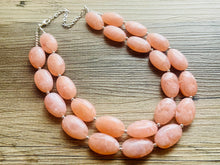 Load image into Gallery viewer, Peach Chunky Statement jewelry set, Big bib beaded jewelry, Double Strand Statement Necklace earrings, peach bridesmaid wedding coral