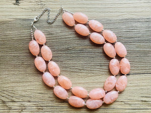 Peach Chunky Statement jewelry set, Big bib beaded jewelry, Double Strand Statement Necklace earrings, peach bridesmaid wedding coral