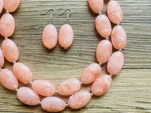 Load image into Gallery viewer, Peach Chunky Statement jewelry set, Big bib beaded jewelry, Double Strand Statement Necklace earrings, peach bridesmaid wedding coral