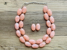 Load image into Gallery viewer, Peach Chunky Statement jewelry set, Big bib beaded jewelry, Double Strand Statement Necklace earrings, peach bridesmaid wedding coral
