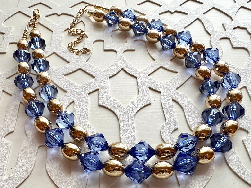 Mirror Gold & Purple Periwinkle 2 strand statement Necklace, blue Beaded Necklace, summer gold jewelry, bubble bib neutral aqua chunky