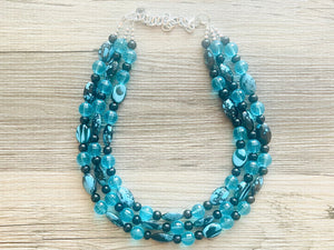 Black Beach Mermaid Chunky Statement Necklace, Triple Strand Beaded Jewelry, Black & Blue jewelry, bridesmaid wedding bib resin thick