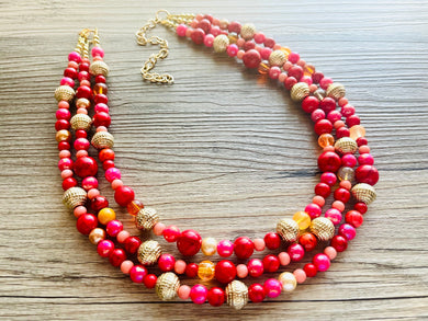 Glowing Campfire Necklace, Triple Layer Statement Jewelry, autumn Statement Necklace, deep orange Wedding Bridesmaid Jewelry gold red pink