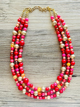 Load image into Gallery viewer, Glowing Campfire Necklace, Triple Layer Statement Jewelry, autumn Statement Necklace, deep orange Wedding Bridesmaid Jewelry gold red pink