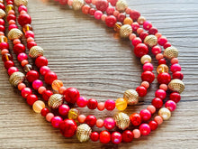 Load image into Gallery viewer, Glowing Campfire Necklace, Triple Layer Statement Jewelry, autumn Statement Necklace, deep orange Wedding Bridesmaid Jewelry gold red pink