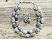 Load image into Gallery viewer, Gray Big Bead Necklace, multi Strand Statement Jewelry, gray Chunky bib, bridesmaid necklace, gray jewelry, beaded earrings necklace