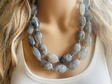 Load image into Gallery viewer, Gray Big Bead Necklace, multi Strand Statement Jewelry, gray Chunky bib, bridesmaid necklace, gray jewelry, beaded earrings necklace