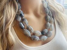 Load image into Gallery viewer, Gray Big Bead Necklace, multi Strand Statement Jewelry, gray Chunky bib, bridesmaid necklace, gray jewelry, beaded earrings necklace