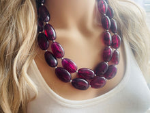Load image into Gallery viewer, Eggplant Big Beaded Statement Necklace, beaded jewelry, purple beaded necklace, dark purple necklace chunky beaded bib earrings