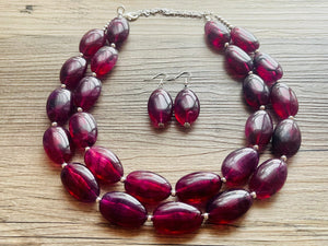 Eggplant Big Beaded Statement Necklace, beaded jewelry, purple beaded necklace, dark purple necklace chunky beaded bib earrings