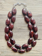 Load image into Gallery viewer, Mocha Shimmer Swirl Statement Necklace, Chunky Beaded Necklace, brown beaded necklace, 2 strand dark deep brown earrings jewelry earrings