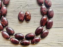 Load image into Gallery viewer, Mocha Shimmer Swirl Statement Necklace, Chunky Beaded Necklace, brown beaded necklace, 2 strand dark deep brown earrings jewelry earrings