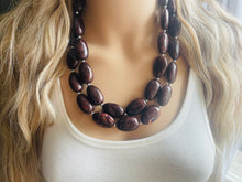 Load image into Gallery viewer, Mocha Shimmer Swirl Statement Necklace, Chunky Beaded Necklace, brown beaded necklace, 2 strand dark deep brown earrings jewelry earrings