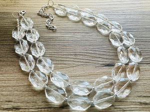 Faceted Resin Beaded Statement Necklace, Faceted Oval Bead Everyday neutral jewelry, silver accents chunky bib necklace, bridesmaid wedding