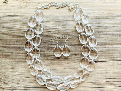 Faceted Resin Beaded Statement Necklace, Faceted Oval Bead Everyday neutral jewelry, silver accents chunky bib necklace, bridesmaid wedding