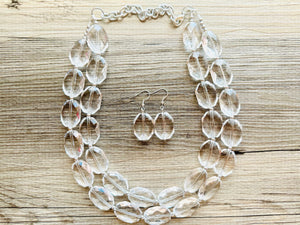 Faceted Resin Beaded Statement Necklace, Faceted Oval Bead Everyday neutral jewelry, silver accents chunky bib necklace, bridesmaid wedding