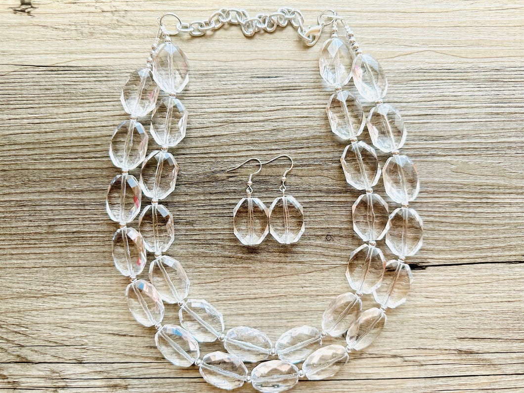 Faceted Resin Beaded Statement Necklace, Faceted Oval Bead Everyday neutral jewelry, silver accents chunky bib necklace, bridesmaid wedding