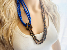 Load image into Gallery viewer, Royal Blue &amp; Tiger Eye Chip Necklace, tube beaded chunky statement necklace, blue necklace, avant garde necklace, geometric jewelry brown