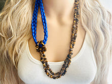 Load image into Gallery viewer, Royal Blue &amp; Tiger Eye Chip Necklace, tube beaded chunky statement necklace, blue necklace, avant garde necklace, geometric jewelry brown