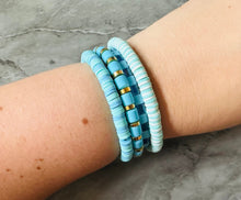 Load image into Gallery viewer, Cabana Candy Statement bracelet, chunky bold Heishi bracelet, gold colorful beaded jewelry, chunky geometric blue mint green white cream