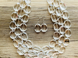 Faceted Resin Beaded Statement Necklace, 3 strand Oval Bead Everyday neutral jewelry, silver accents chunky bib necklace, bridesmaid wedding