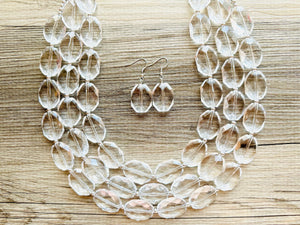Faceted Resin Beaded Statement Necklace, 3 strand Oval Bead Everyday neutral jewelry, silver accents chunky bib necklace, bridesmaid wedding