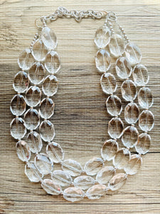 Faceted Resin Beaded Statement Necklace, 3 strand Oval Bead Everyday neutral jewelry, silver accents chunky bib necklace, bridesmaid wedding