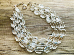 Faceted Resin Beaded Statement Necklace, 3 strand Oval Bead Everyday neutral jewelry, silver accents chunky bib necklace, bridesmaid wedding