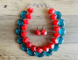 Teal & Cherry Red Necklace, multi strand jewelry, big beaded chunky statement necklace, red jewelry, bridesmaid necklace, turquoise bib