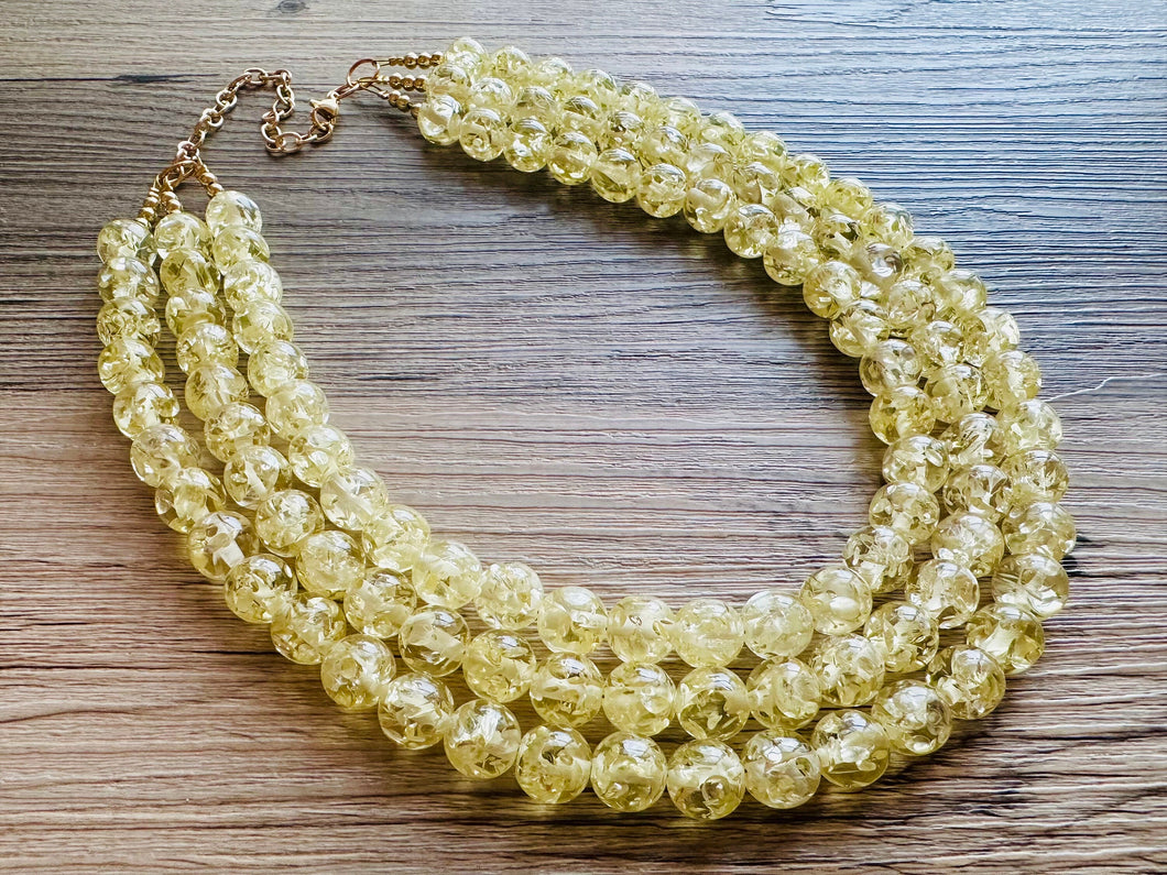 Speckled Pale Yellow Statement jewelry set, Chunky Beaded Necklace, yellow Jewelry, bright colorful Necklace yellow beaded earrings gold