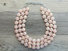 Load image into Gallery viewer, Coral Peach Glimmer Triple strand statement Necklace, peach Beaded Necklace, summer silver jewelry, bubble necklace bib light pink