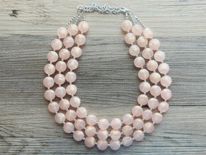 Coral Peach Glimmer Triple strand statement Necklace, peach Beaded Necklace, summer silver jewelry, bubble necklace bib light pink