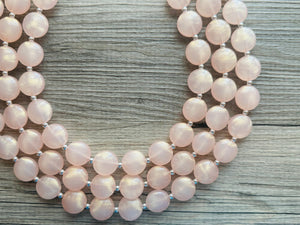 Coral Peach Glimmer Triple strand statement Necklace, peach Beaded Necklace, summer silver jewelry, bubble necklace bib light pink