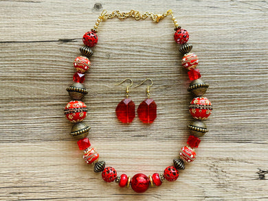 Cranberry Soirée, Chunky single Strand Statement Necklace, fall necklace, red jewelry, gold necklace, earrings jewelry set statement
