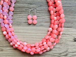 Barbs Pink Premiere Necklace, Bubblegum blush coral Pink chunky bib beaded jewelry, color block wedding bridesmaid bib jewelry 5 strand