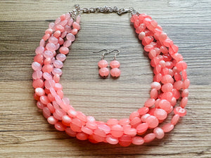 Barbs Pink Premiere Necklace, Bubblegum blush coral Pink chunky bib beaded jewelry, color block wedding bridesmaid bib jewelry 5 strand