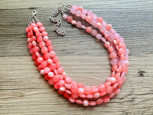 Barbs Pink Premiere Necklace, Bubblegum blush coral Pink chunky bib beaded jewelry, color block wedding bridesmaid bib jewelry 5 strand