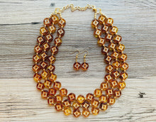 Load image into Gallery viewer, Tortoise Shell Sunburst necklace, brown resin acetate necklace, gold 3 strand statement chunky jewelry, mandala yellow geometric earrings