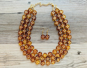 Tortoise Shell Sunburst necklace, brown resin acetate necklace, gold 3 strand statement chunky jewelry, mandala yellow geometric earrings