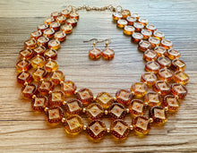 Load image into Gallery viewer, Tortoise Shell Sunburst necklace, brown resin acetate necklace, gold 3 strand statement chunky jewelry, mandala yellow geometric earrings