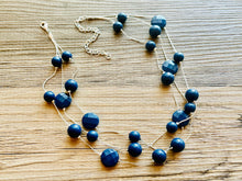 Load image into Gallery viewer, Dark Blue &amp; Silver Chunky Statement Jewelry Set, Big beaded vintage, Triple Strand Illusion Statement Necklace, Bib blue bridesmaid wedding