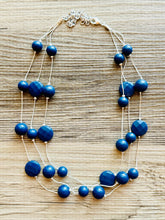 Load image into Gallery viewer, Dark Blue &amp; Silver Chunky Statement Jewelry Set, Big beaded vintage, Triple Strand Illusion Statement Necklace, Bib blue bridesmaid wedding